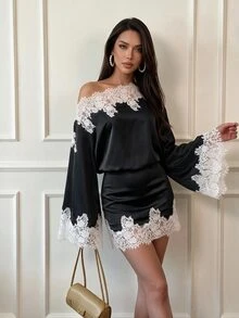 Firerie 女款優雅秋季沙烏地國慶返校季不對稱單肩蕾絲拼接喇叭袖淺灰藍迷你洋裝 - 黑色 - 查看 4
