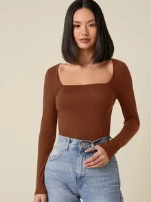 SHEIN BASICS 女款休閒純色方領修身短袖上衣，黑色夏季上衣 - 鏽棕色 - 查看 1