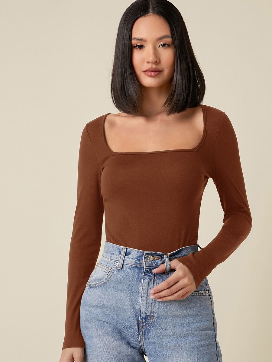 SHEIN BASICS 女款休閒純色方領修身短袖上衣,黑色夏季上衣 - 鏽棕色 - 查看 1