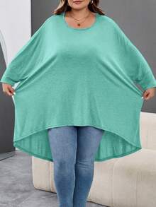 SHEIN CURVE+ 大尺碼寬鬆蝙蝠袖不對稱下擺女款圓領純色彈性舒適休閒夏季上衣，適合秋冬 - 薄荷綠 - 查看 4