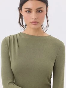 KÆRIA Hus Ruched Column Maxi Dress - Sculpted Textured Jersey - Dusted Olive - Going Out, Bodycon, Minimalist - Olive Green - View 5