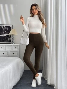 SHEIN LUNE 2件組女款秋冬修身提臀百搭棕色與黑色高腰羅紋加絨內裡內搭褲 - 彩色 - 查看 10