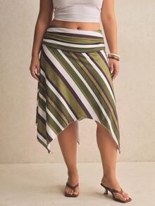 SHEIN Tall CURVE 大尺碼夏季休閒拼色條紋不對稱下擺裙 秋季 - 彩色 - 查看 6