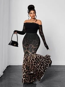 Maweii Plus Size Gradient Leopard Print Patchwork Long Pants, High Waist Elastic Slim Fit Double Layer Ruffle Hem Flared Casual Pants Fall - Multicolor - View 5