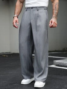 SLATEMANN 男士灰色直條紋寬腿長褲，復古百褶寬鬆休閒長褲，慵懶直筒落地通勤百搭長褲 - 灰色 - 查看 4