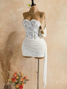 Soleia 女款性感度假無肩帶蕾絲紋理垂墜網紗抓皺胸衣迷你洋裝，適合海灘、郵輪、公路旅行、城市、約會、下午茶、波希米亞風、島嶼、夏季、音樂節、日常通勤、婚禮季、派對、嘉年華 - 杏色 - 查看 6