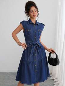 Elenzga Women's Loose Elegant Casual Commute Denim Dress - Dark Wash - View 6