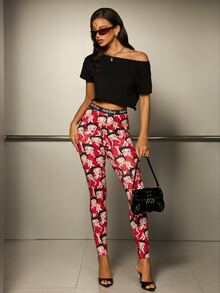 Betty Boop x SHEIN Women's Cartoon Print Fitted Leggings - Red - View 5