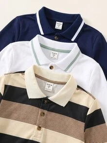 SHEIN Kids Young Boy Autumn Casual 3pcs Pieces Set Long Sleeve Polo Shirt - Multicolor - View 6