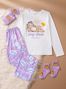 GARFIELD | SHEIN [Coffee Cat]2件組女款大童時尚休閒寬鬆舒適咖啡貓元素滿版印花長褲與寬鬆咖啡貓圖案圓領套頭長袖上衣套裝，舒適居家服，休閒百搭長袖長褲套裝，適合居家與外出 - 白色 - 查看 1