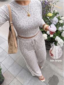 Muchica Plus Size Women Leopard Print Long Sleeve Top And Pants Casual Daily 2 Pieces Set - Multicolor - View 5