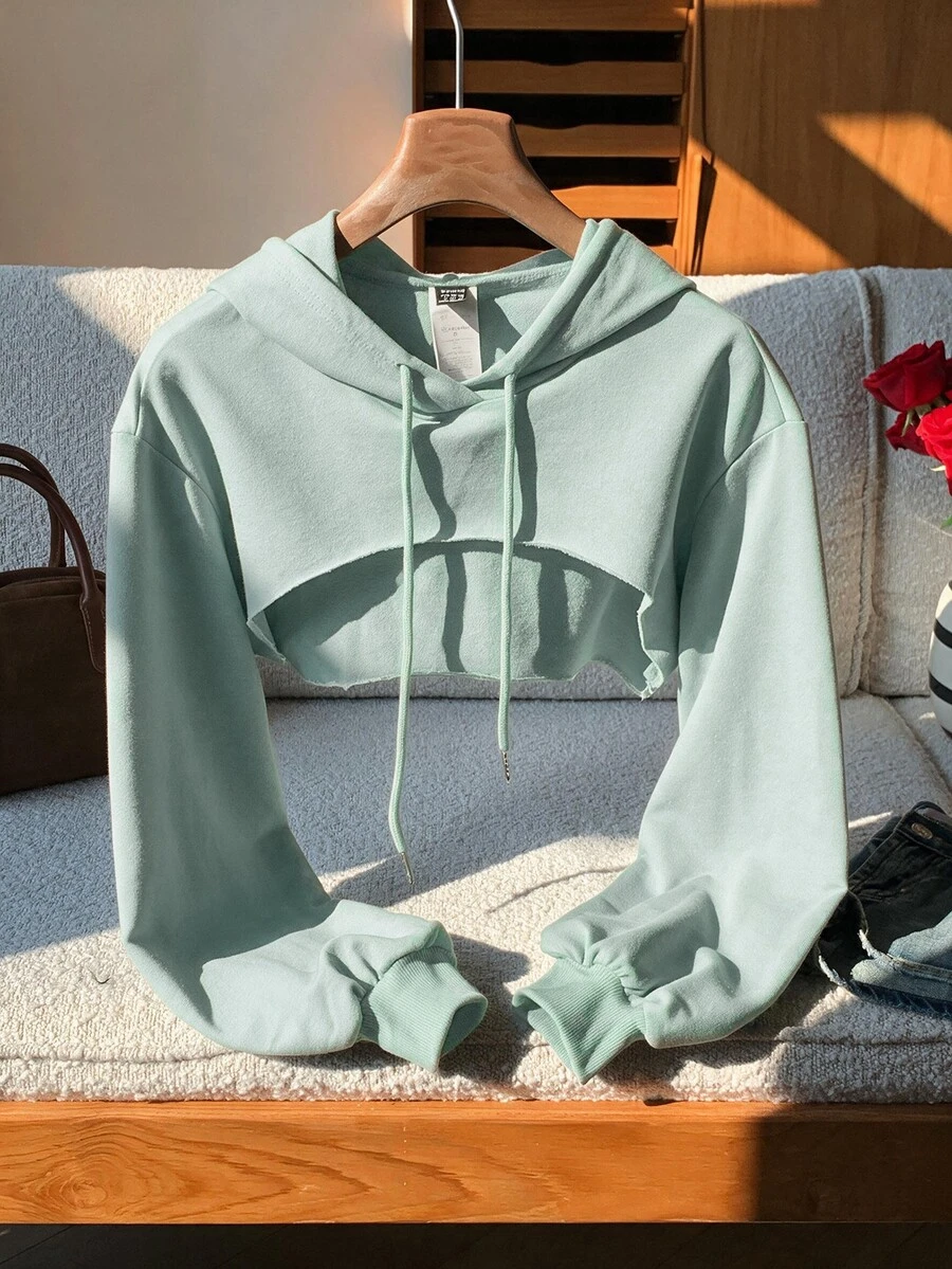 SHEIN EZwear 抽繩細節超短版連帽衛衣-黑白配色,秋冬長袖上衣 - 薄荷綠 - 查看 1