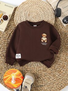 SHEIN Áo nỉ tay dài màu trơn cho bé trai với họa tiết gấu dễ thương, cổ tròn bo gân, chất dệt kim mềm mại, áo kiểu thường ngày phù hợp mặc hàng ngày vào mùa thu và mùa đông - màu nâu - Xem 3