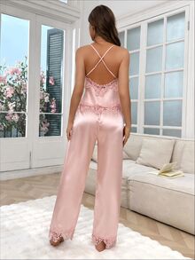 SHEIN 蕾絲飾邊女款性感仿絲綢露背交叉肩帶睡衣套裝 - 粉色 - 查看 2