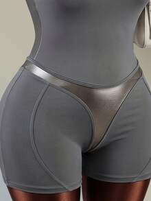 Amplova Women's Plus Size Grey Plain PU Fabric Patchwork Tank Top Backless Jumpsuit - Grey - View 3