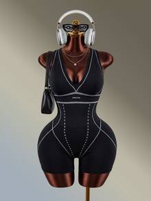 Amplova Women's Plus Size Black With White Line Sports Jumpsuit - Black - View 5