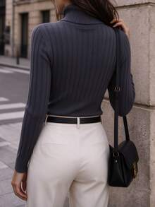 Cévolie Blue Turtleneck Long Sleeve Pullover Sweater Autumn - Blue - View 2