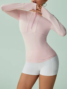 SHEIN Sovereign Charm 女款純色半拉鍊長袖運動運動衫 - 粉色 - 查看 4