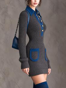 Solivie Women's Autumn/Winter Lapel Metal Button Short Long Sleeve Sweater Dress, Grey - Grey - View 7