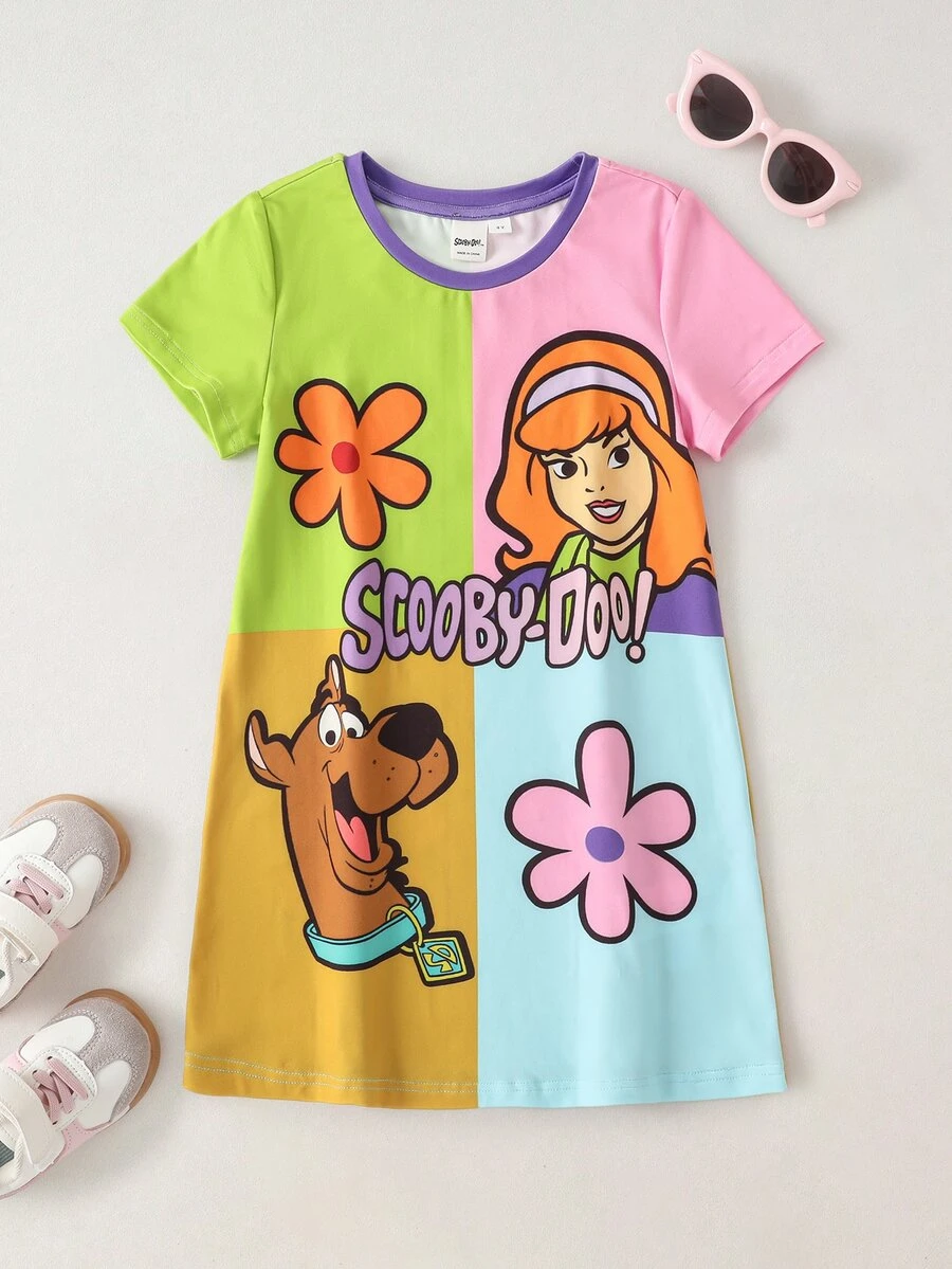 SCOOBY-DOO X SHEIN Young Girl Letter Cartoon Print Casual Daily Summer Dress - Multicolor - View 1