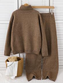 Teen Girl Solid Color High Neck Drop Shoulder Long Sleeve Sweater And Knit Pants Casual Set - Brown - View 2