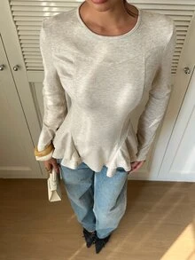 Siren Gaze Women's Solid Color Casual Round Neck Long Sleeve Ruffle Hem T-Shirt, Fitted Ruffle Hem Blouse, Knit Base Layer, Elegant Versatile Autumn/Winter T-Shirt - Apricot - View 5