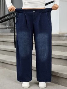 Flexra Plus Size Women's Thickened Winter Casual Wide Leg Jeans - Dark Wash - View 5