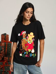 SCOOBY-DOO X SHEIN Men's Round Neck Short Sleeve Casual T-Shirt For Christmas - Black - View 5