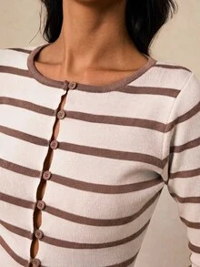 Poéselle Women's Button Placket Stripes Casual French Elegant Commuter Striped Front Button Cardigan Fall Autumn Winter Office - Khaki - View 3