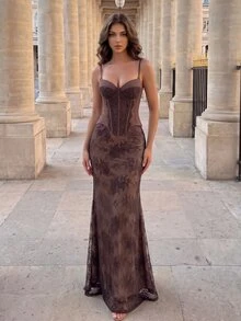 Poshira High-End Evening Gown With Premium Elegant Elegant, Luxury Contrast Lace Spaghetti Strap Dress - Coffee Brown - View 5