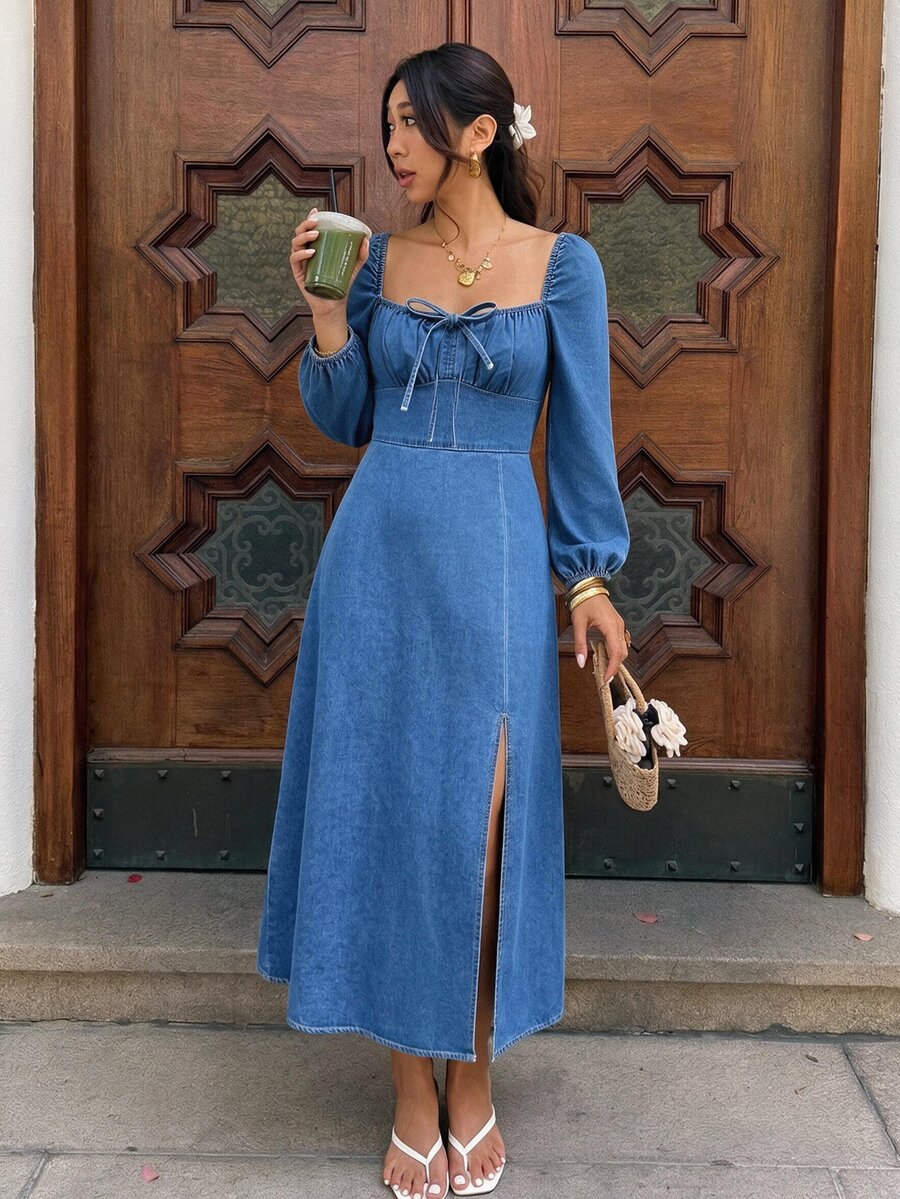 Serisse Women's Front Tie Long Sleeve Side Slit Hem Casual Denim Dress - Blue - View 1