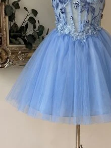 Lovelzi Women's Applique Decorated Off-Shoulder Elegant Formal Ball Gown (Heavy Workmanship) New Year Party Prom Fall - Blue - View 6