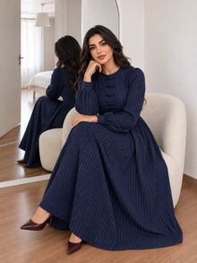 Solavon Plus Size Striped Colorblock Frog Button Long Sleeve Dress - Navy Blue - View 7