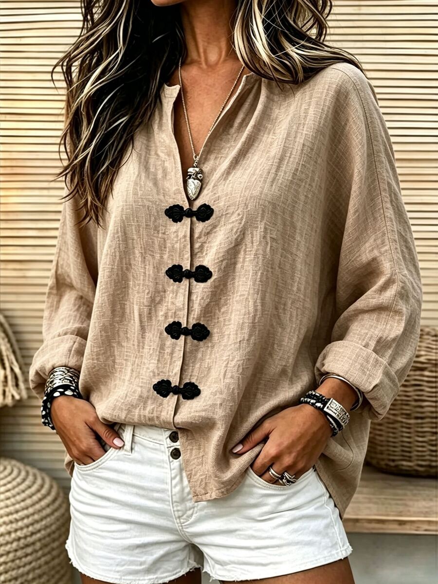 SHEIN Women's Minimalist Frog Button Vacation Fashion Shirt For Office ...