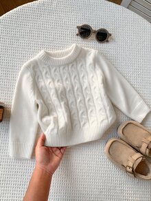SHEIN 中性嬰兒男/女童 幼兒秋冬加厚粗針粗繩編織棕色圓領套頭毛衣 嬰兒毛衣 - 白色 - 查看 3