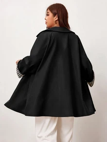 Enliva 大尺碼女款拼接格紋袖口單排扣休閒風衣外套 - 黑色 - 查看 2
