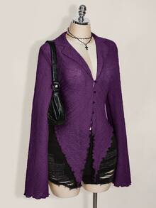 SHEIN ICON ICON PLUS 生菜邊飾不對稱下擺透視上衣 無內衣設計 大尺碼女式襯衫-1891，Y2k/秋季/冬季 - 紫色 - 查看 4