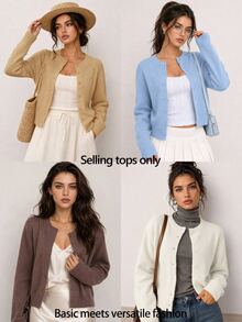 SHEIN BASICS 女款純色單排扣休閒百搭長袖開襟衫，適合日常外出、商務辦公、早午餐，米白色，秋季教師節 - 駝色 - 查看 9
