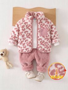 SHEIN Baby Girl Leopard Print Long Sleeve Autumn Winter Jacket And Pants Casual Daily Outfit - Pink - View 7