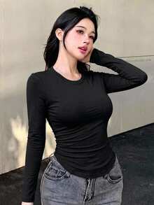 DAZY 女款黑色純色圓領長袖基礎層T恤，休閒街頭風戶外運動婚禮上衣，適合秋冬夏季 - 黑色 - 查看 5