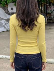 DAZY Women's Slim Fit Long Sleeve T-Shirt With Pale Yellow Button Decoration, Spring Summer Autumn Everyday Casual - Yellow - View 2