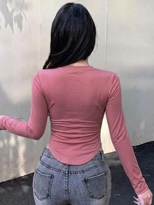 DAZY 女款粉色純色長袖打底 T 恤，休閒街頭風戶外運動婚禮上衣，適合秋冬夏季 - 玫紅色 - 查看 2