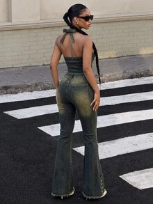 Jeanoix Y2K Women's Sexy Halter Tie-Up Flared Denim Jumpsuit - Dusty Blue - View 2