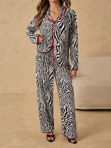 HautHeat Women's Zebra Print Long Sleeve Top And Pants Casual Daily Home Sleepwear Set - Black and White - View 6