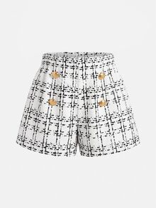 SHEIN 女童格紋長袖夾克與短褲套裝 - 白色 - 查看 8