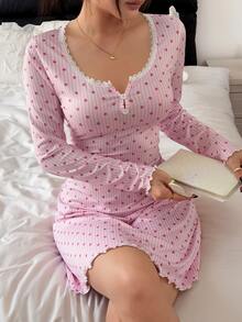 Napfluff Women's Slim Fit Striped & Spotted Print Colorblock Lace Button Decor V-Neck Long Sleeve Nightgown - Multicolor - View 3