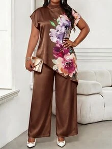 SHEIN Lady 大尺碼女款優雅休閒花卉印花不對稱下擺上衣，適合婚禮、早午餐、正式場合，白色夏季款 - 棕色 - 查看 5