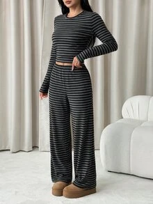 SHEIN PETITE 女款條紋長袖上衣與長褲休閒日常兩件套 - 黑色 - 查看 4