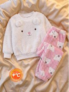SHEIN 女嬰針織純色仿皮草圓領上衣與長褲家居服2件套，適合秋冬 - 彩色 - 查看 7