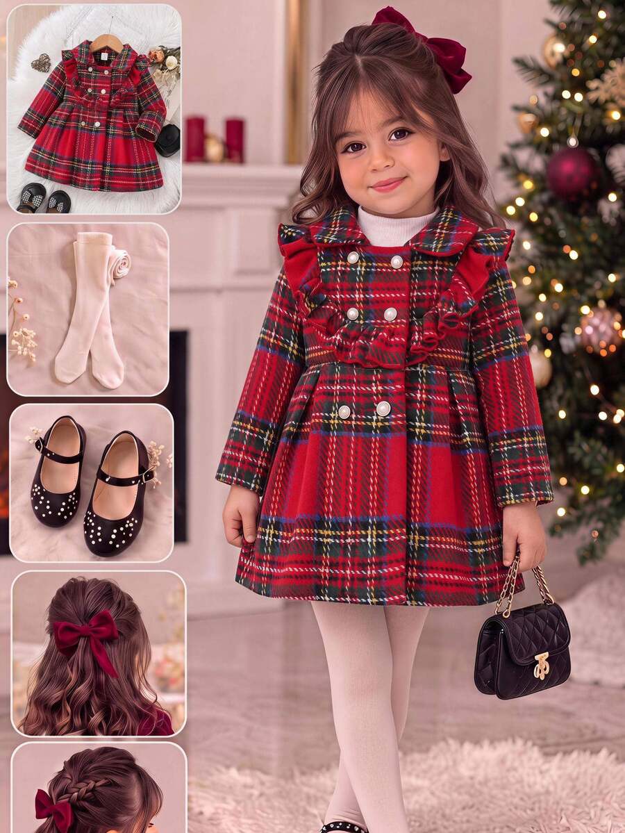 SHEIN Baby Girl Woven Plaid Lapel Ruffle Trim Casual Long Autumn Overcoat - Multicolor - View 1
